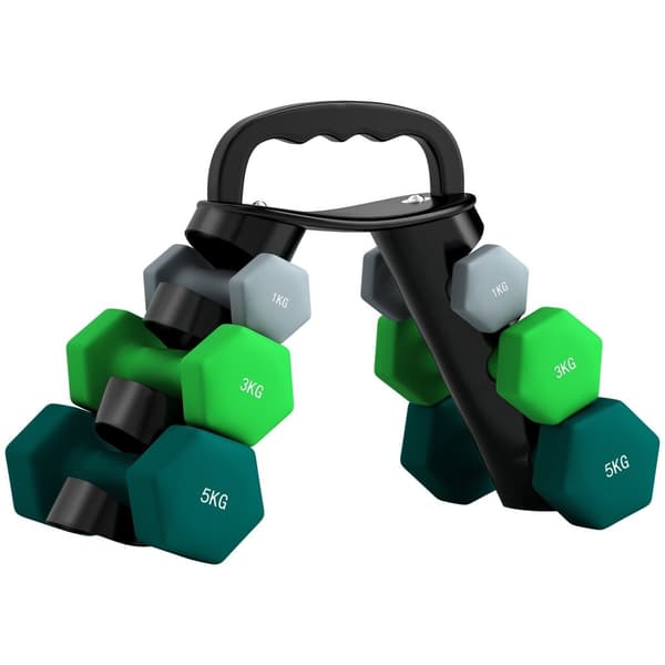 Rootz -håndvægtssæt med rack - Vægtsæt - Fitnessvægte - Rumbesparende - håndvægt: 14x6x6, 19.5x8.5x8.5, 22x9.7x9.7cm - Rack: 42x10x30cm