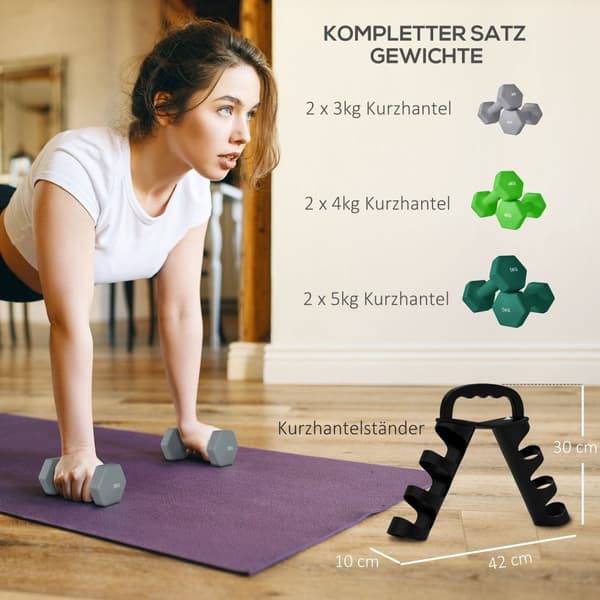 Rootz håndvægt sæt med rack - vægte - fitnessudstyr - hexagonal design - pladsbesparende - 3 kg til 5 kg - håndvægt 18x8x8 cm, rack 42x10x30cm
