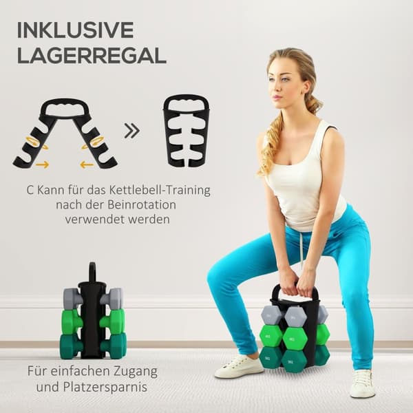 Rootz håndvægt sæt med rack - vægte - fitnessudstyr - hexagonal design - pladsbesparende - 3 kg til 5 kg - håndvægt 18x8x8 cm, rack 42x10x30cm