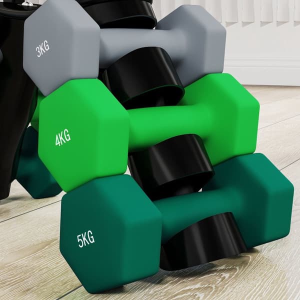 Rootz håndvægt sæt med rack - vægte - fitnessudstyr - hexagonal design - pladsbesparende - 3 kg til 5 kg - håndvægt 18x8x8 cm, rack 42x10x30cm