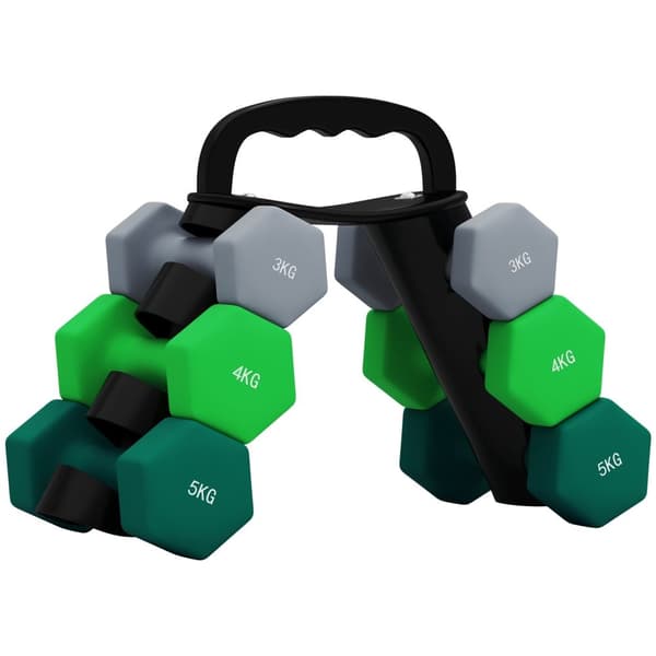 Rootz håndvægt sæt med rack - vægte - fitnessudstyr - hexagonal design - pladsbesparende - 3 kg til 5 kg - håndvægt 18x8x8 cm, rack 42x10x30cm