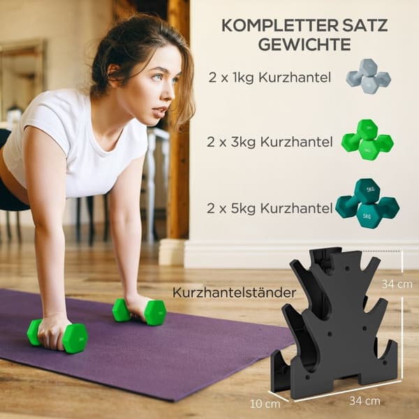 Rootz -håndvægtssæt med rack - Fitnessvægte - Træningsvægte - Anti -rulle -design - 34W x 10d x 34H cm