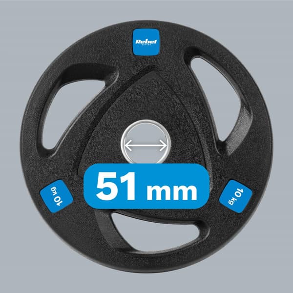 Valurautaiset kumiset painot 2x10kg, olympiareikä 51mm, REBEL ACTIVE