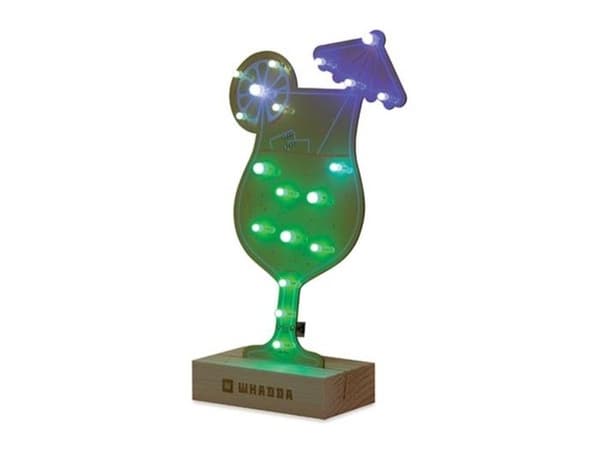 Whadda lödsats, Cocktail XL med 19 RGB-lysdioder och trästativ, reklamsats med gratis lödkolv och lödkolv