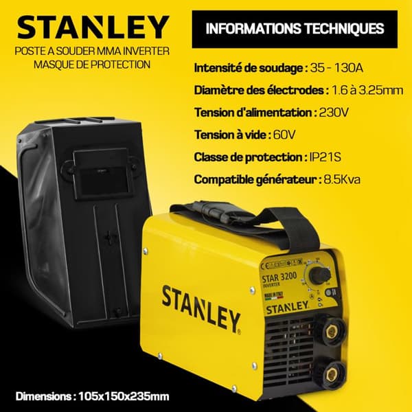 Svetsstation 130A Inverter MMA STAR3200 STANLEY För stavar 1,6 till 3,2 mm Hölje