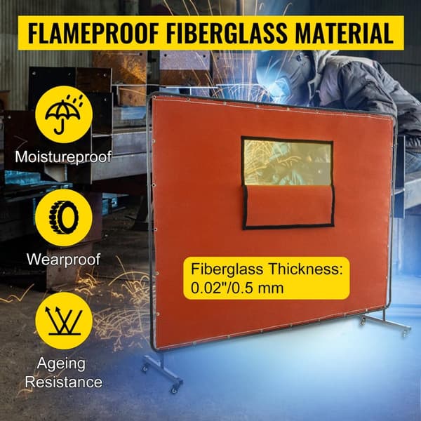1,83m x 2,44m svetsgardin med visuellt fönster och 4 hjul, brandbeständigt glasfibermaterial, slitstark metallram, användarvänlig design