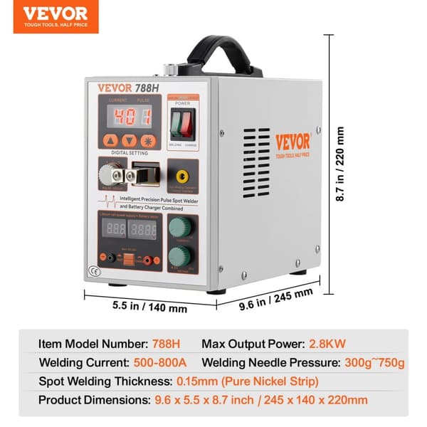VEVOR Batteri Punkt Svejser, 2,8KW Kraft, 500-800A Svejsestrøm,0,15 mm Ren Nikkel