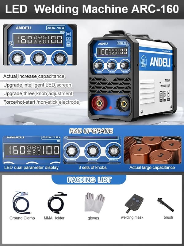 MMA Svejsemaskine, 160A DC Inverter, Brugervenlig LED Display,ARC-160 = BUE-160