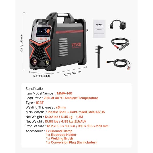 VEVOR TIG-svejser 140A, IGBT-teknologi, kompakt design,Brun