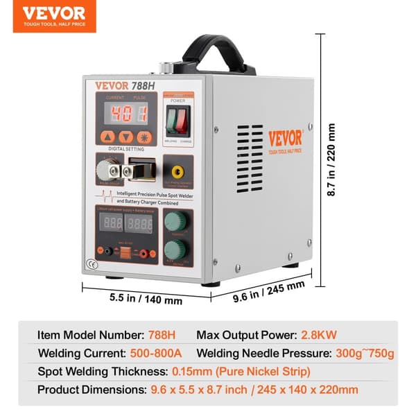 Bærbar Punktsvejser, Maksimal Effekt 2,8KW, Svejse Strøm 500-800A, Egnet til Batteripakker,0.15mm