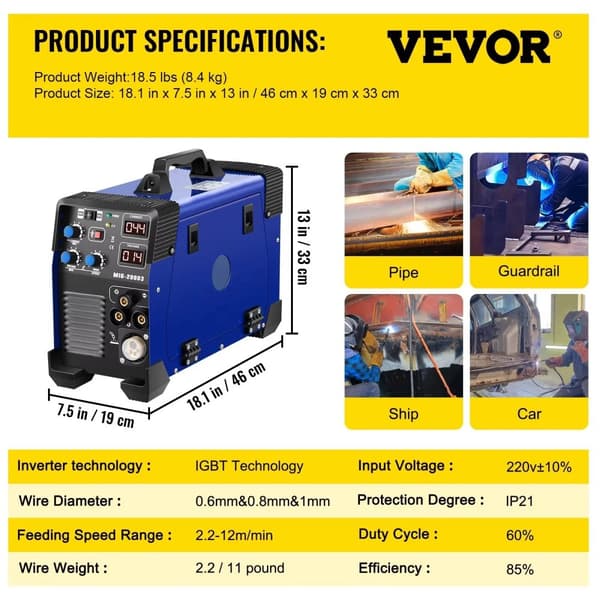 VEVOR Svejsemaskine, 3-i-1 MIG MMA TIG, 30-200 A Output,Mig