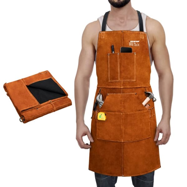 Läder Svetsarbetsförkläde, Värme- och Flamsäkert, Justerbara Storlekar M till XXXL,Brun