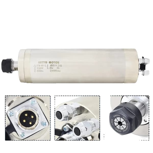 Vesijäähdytteinen CNC-akselimoottori, 2,2 kW teho, 220 V jännite, 10-24000 rpm nopeusalue.
