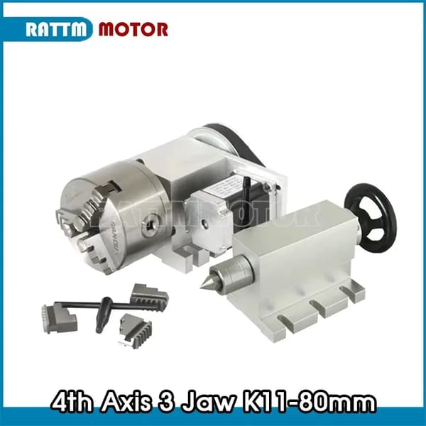 CNC Rotationsdelingshoved, 3-krone chuck, tailstock 65mm, Nema23 steppermotor,K11-80mm