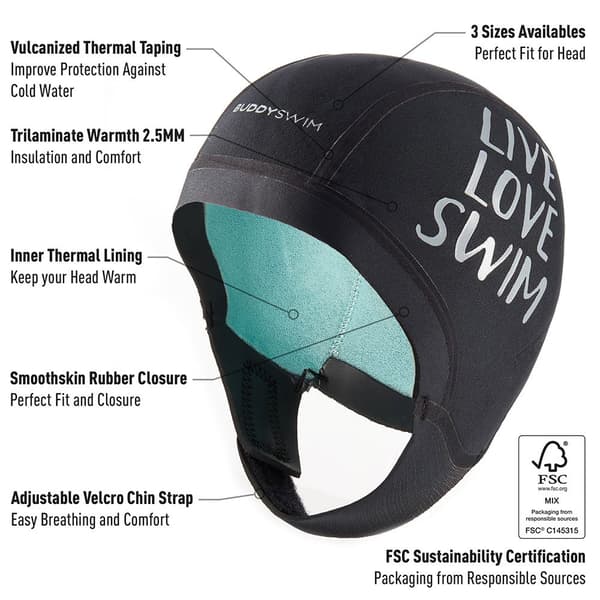 Buddyswim Neopren Hætte Trilaminate Warmth 2.5 Mm Sort S