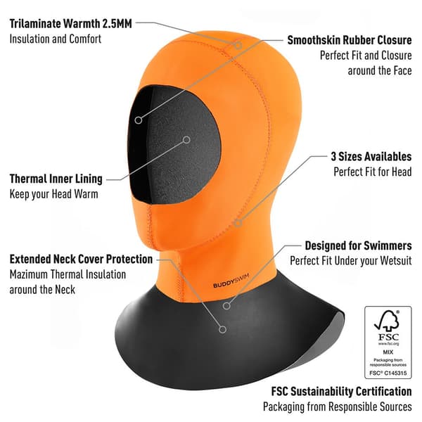 Buddyswim Neopren Hætte Trilaminate Warmth 2.5 Mm Orange S