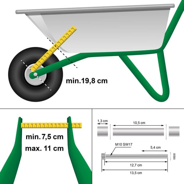 ECD Germany 2-delat skottkärrahjul med pneumatiska däck med axel - 4,80 / 4,00-8 - Ø 390 mm - 95 mm bredd - 200 kg lastkapacitet - däck med stålfälg -