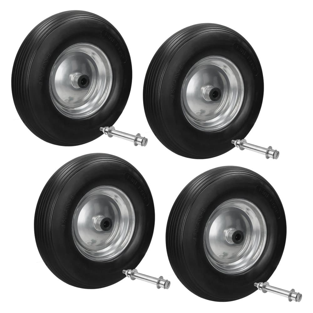 ECD Germany 4-delat skottkärrahjul av punkteringssäkert PU massivt gummi med axel - däck med stålfälg - 4.80 / 4.00-8 - diameter 390 mm - svart -