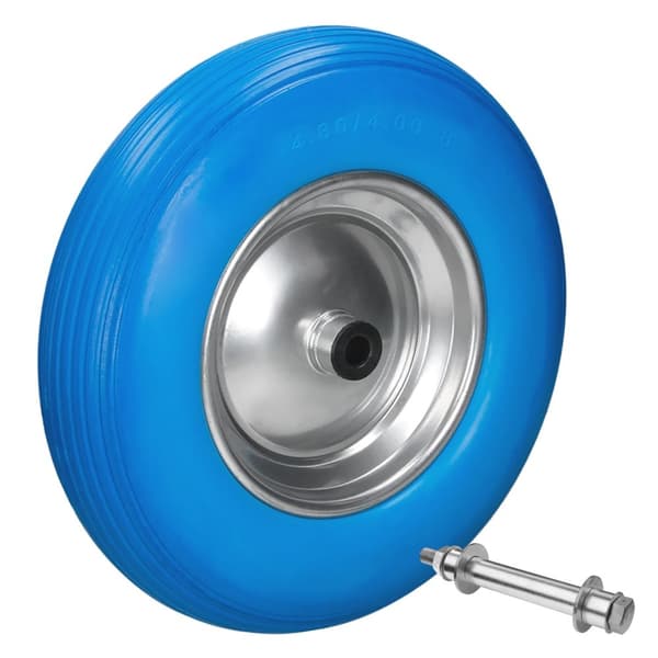 ECD Germany 2-delat skottkärrahjul tillverkat av punkteringssäkert PU massivt gummi med axel - däck med stålfälg - 4.80 / 4.00-8 - diameter 390 mm -