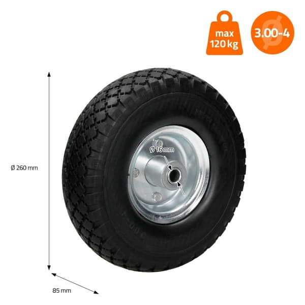 ECD Germany 2 x käsikärryn lohkoprofiili puhkeamattomasta PU-kiinteästä kumista - 3.00-4 / Ø260x85mm - kuulalaakereilla ja teräsvanteella - 120kg