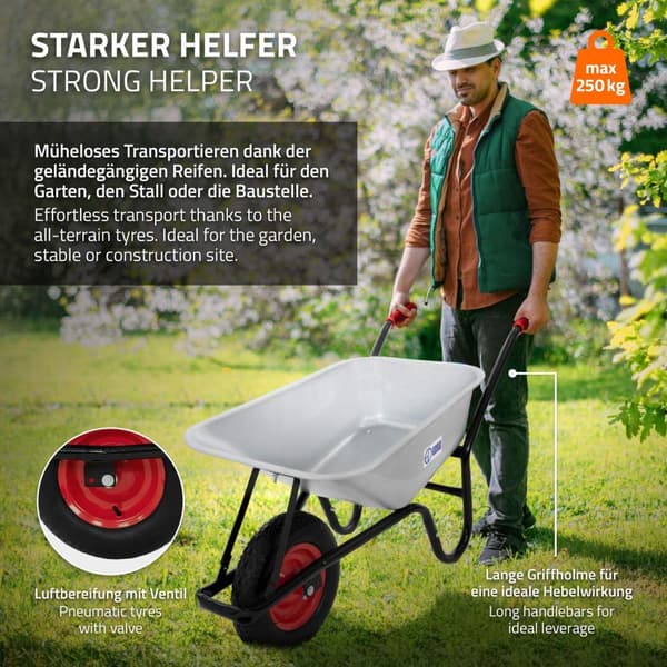 Sinkitty teräksinen kottikärry 100 litraa 250 kg:n painoon asti hopea, ilmarenkaat ja metallivanne.