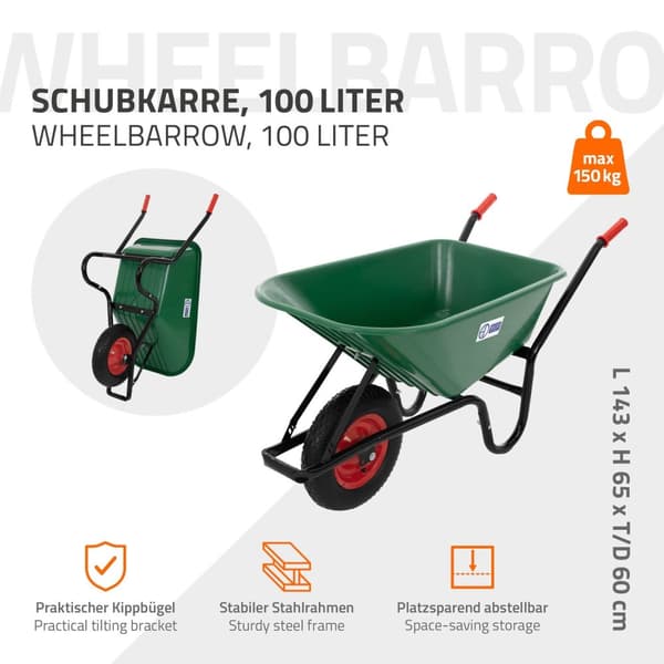 Kottikärryt muoviset 100 litraa 150 kg:n painoon asti vihreät ilmarenkailla ja metallivanteella.