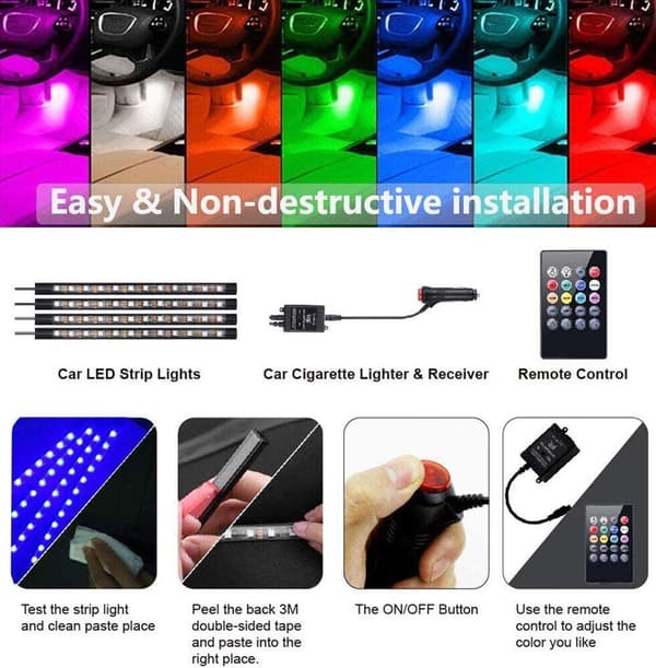 NICETAI LED strip 4x til bil, baggrundsbelysning 12V, tr?dl?s med fjernbetjening