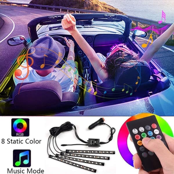 NICETAI LED strip 4x til bil, baggrundsbelysning 12V, tr?dl?s med fjernbetjening