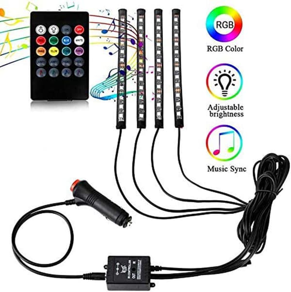 NICETAI LED strip 4x til bil, baggrundsbelysning 12V, tr?dl?s med fjernbetjening