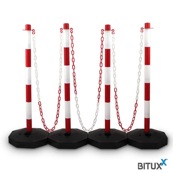 R�da och vita s�kerhetsstolpar, 83 cm, 4 st med 150 cm kedjor, enkel montering