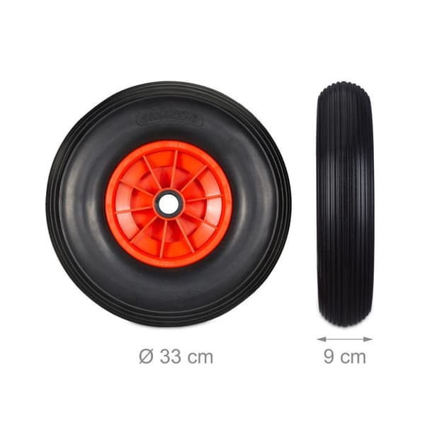 Relaxdays Skottkärrehjul gummi 4.00-6, reservaxel, punkteringsfritt, axel, 3 adaptrar, 100 kg, svart-röd