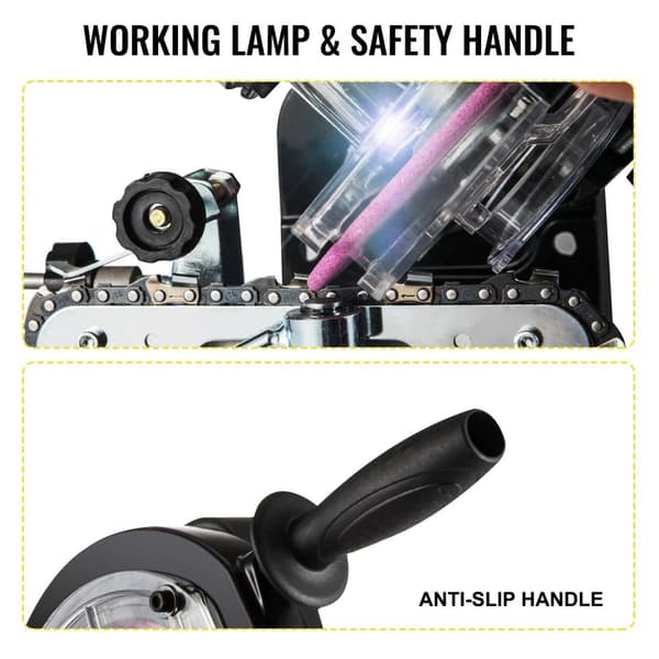 230W 3000RPM Sågkedjeslipmaskin med arbetsljus och säkerhetshandtag, kraftig aluminiumkonstruktion, stor 5,5" slipskiva, justerbar vinkel