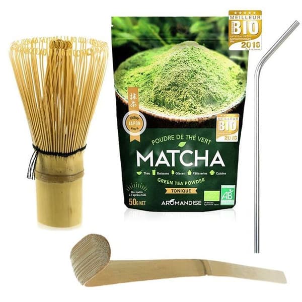 Matcha te + visp + bambusked + 4 sugrör i rostfritt stål