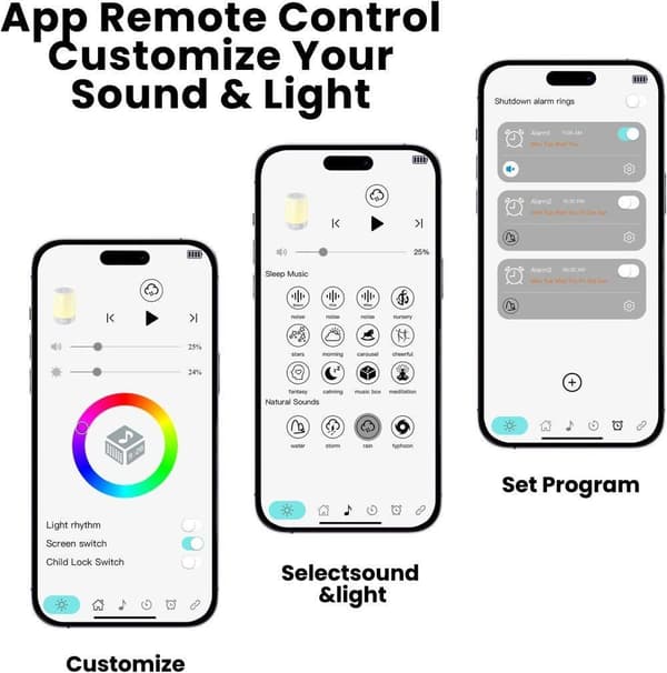 White Noise Maskin med APP-kontroll-Justerbar LED-lampa, 32 Lugnande Ljud, 8 Färger, Stänga Av Störande Ljud för Sömnen