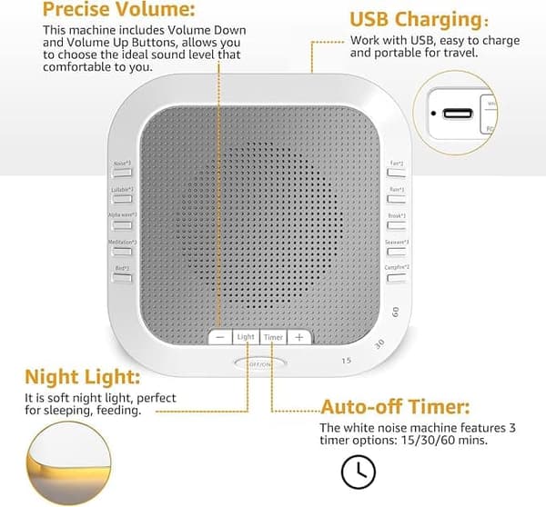 White Noise Machine, Sleep Aid med 28 Lyd og Blødt Natlys – Timer & Beroligende Lydmaskine til Søvn
