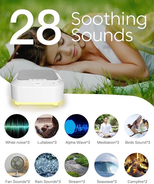 White Noise Machine, Sleep Aid med 28 Lyd og Blødt Natlys – Timer & Beroligende Lydmaskine til Søvn