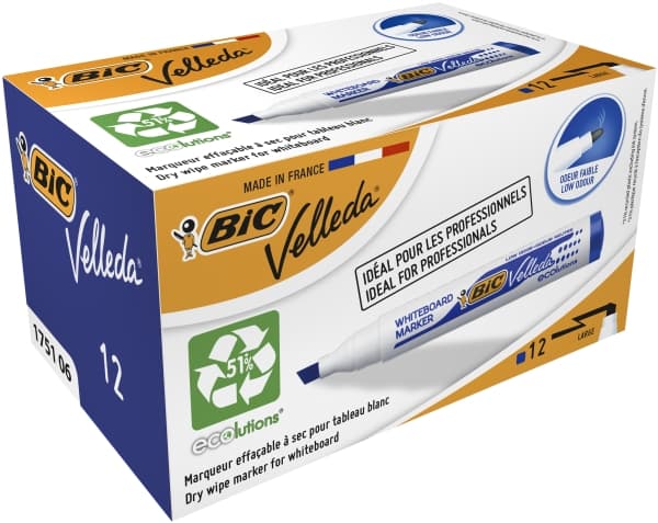 BIC VELLEDA 1751 - Markør - ikke-permanent - for whiteboard - blå - alkoholbasert blekk - 3.7-5.5 mm (en pakke 12)
