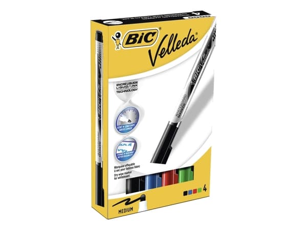 BIC VELLEDA - Markør - ikke-permanent - for whiteboard - svart, rød, blå, grønn - alkoholbasert blekk - 2.2 mm (en pakke 4)