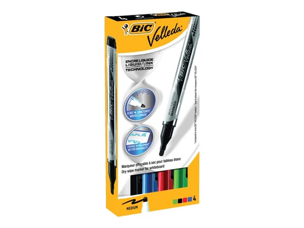 BIC VELLEDA - Markering - icke-permanent - för whiteboard - svart, röd, blå, grön - alkoholbaserat bläck - 2.2 mm (paket om 4)