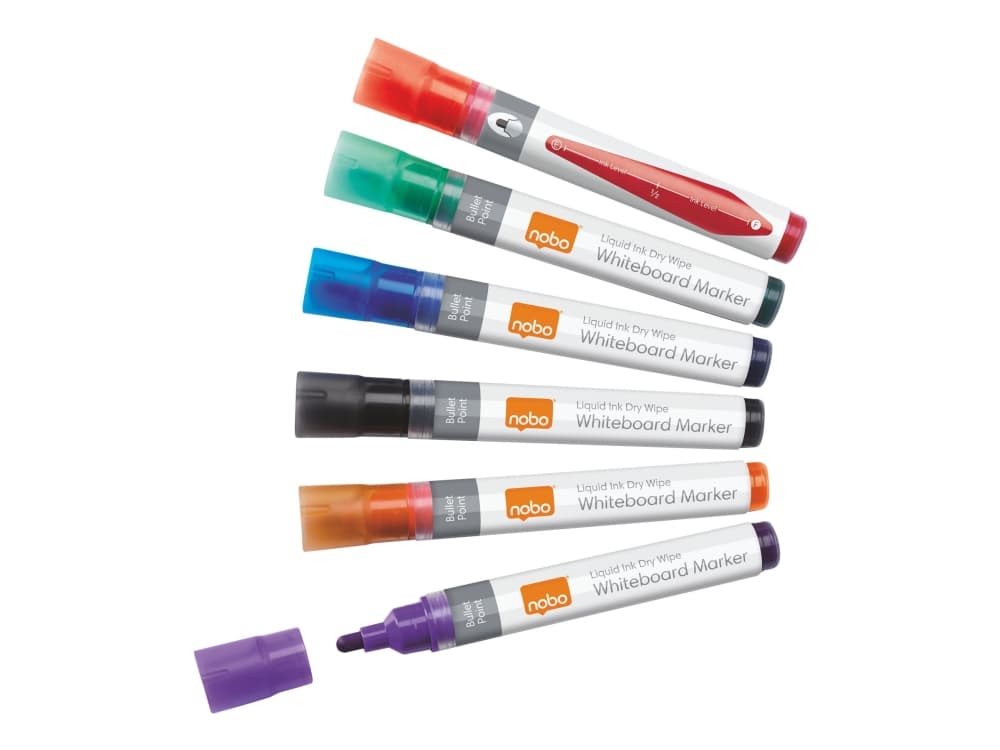Marker Nobo Liquid Ink - ikke-permanent - for flipover tavle, overhead-transparenter, whiteboard - sort, rød, blå, grøn, orange, lilla - 3 mm (6 stk.