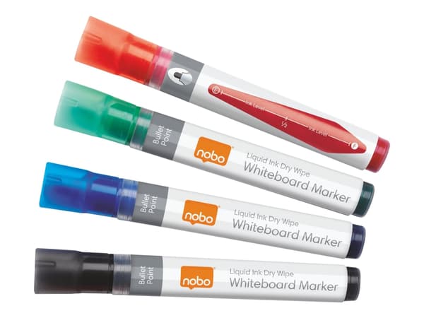 Marker Nobo Liquid Ink nonpermanent - för blädderblock, OH-filmer eller whiteboard 3mm ass. färger (set med 4 st.)
