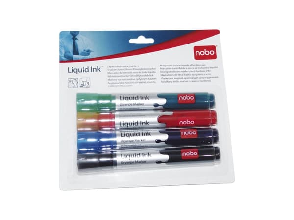 Marker Nobo Liquid Ink nonpermanent - för blädderblock, OH-filmer eller whiteboard 3mm ass. färger (set med 4 st.)