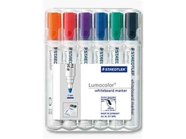 STAEDTLER Lumocolor - tussi - lasille, valkotaululle, posliinille - musta, punainen, sininen, vihreä, oranssi, violetti - 2 mm (6 kpl)