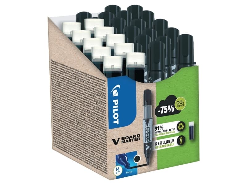 Whiteboardmarker pilot v-board master, rund, sort, æske a 10 stk. + 10 refiller