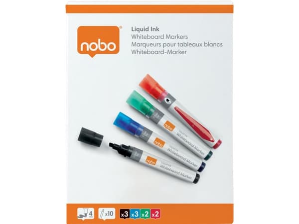 Nobo whiteboard marker skrå spids 4 mm hurtigttørrende blæk, pakke/10 stk. Assorteret