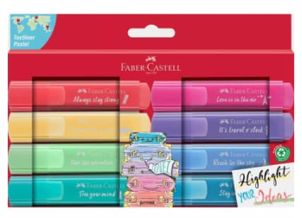 Faber-Castell TL 46, 8 styck, Grön, Turkos, Violett, Blå, Röd, Rosa, Gul, Mejselspets, Plast, Vattenbaserat bläck, Fönsterlåda
