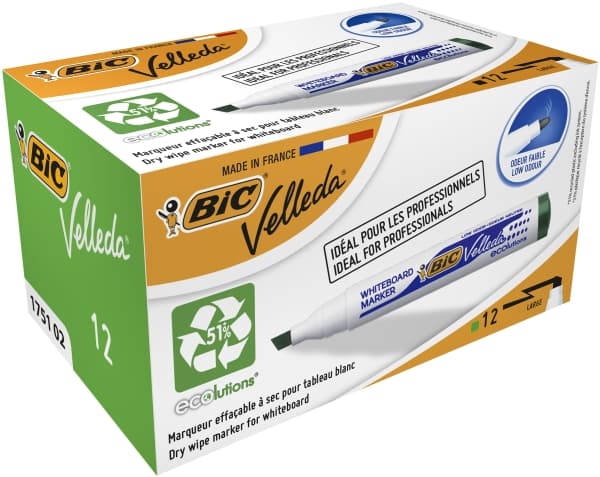 BIC Velleda Whiteboard Marker 1751, 12 styck, Grön, Mejselspets, Vit, Plast, Rund