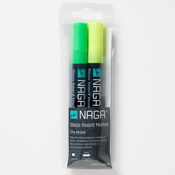 Glasbrädesmarkörer gröna och gula 4,5 mm Dry Erase med vändbar spets från rund till snedspets 2 st i förpackning Grön och gul 14,5x1,5x4mm (1st)