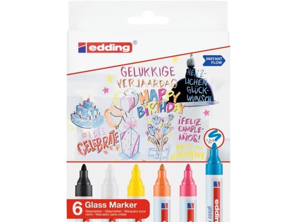 Edding 95 Glass, 6 stykker, Sort, Blå, Oransje, Rosa, Hvit, Gult, Projektil spiss, Flerfarget, Plast, 1,5 mm