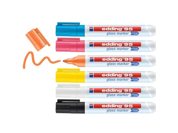 Edding 95 Glass, 6 stykker, Sort, Blå, Oransje, Rosa, Hvit, Gult, Projektil spiss, Flerfarget, Plast, 1,5 mm